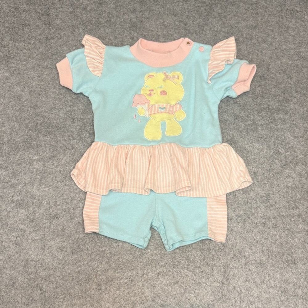 Vintage 80s Hush Puppies Baby Girl Romper 6-9M Aqua Pink Teddy Bear Ruffle